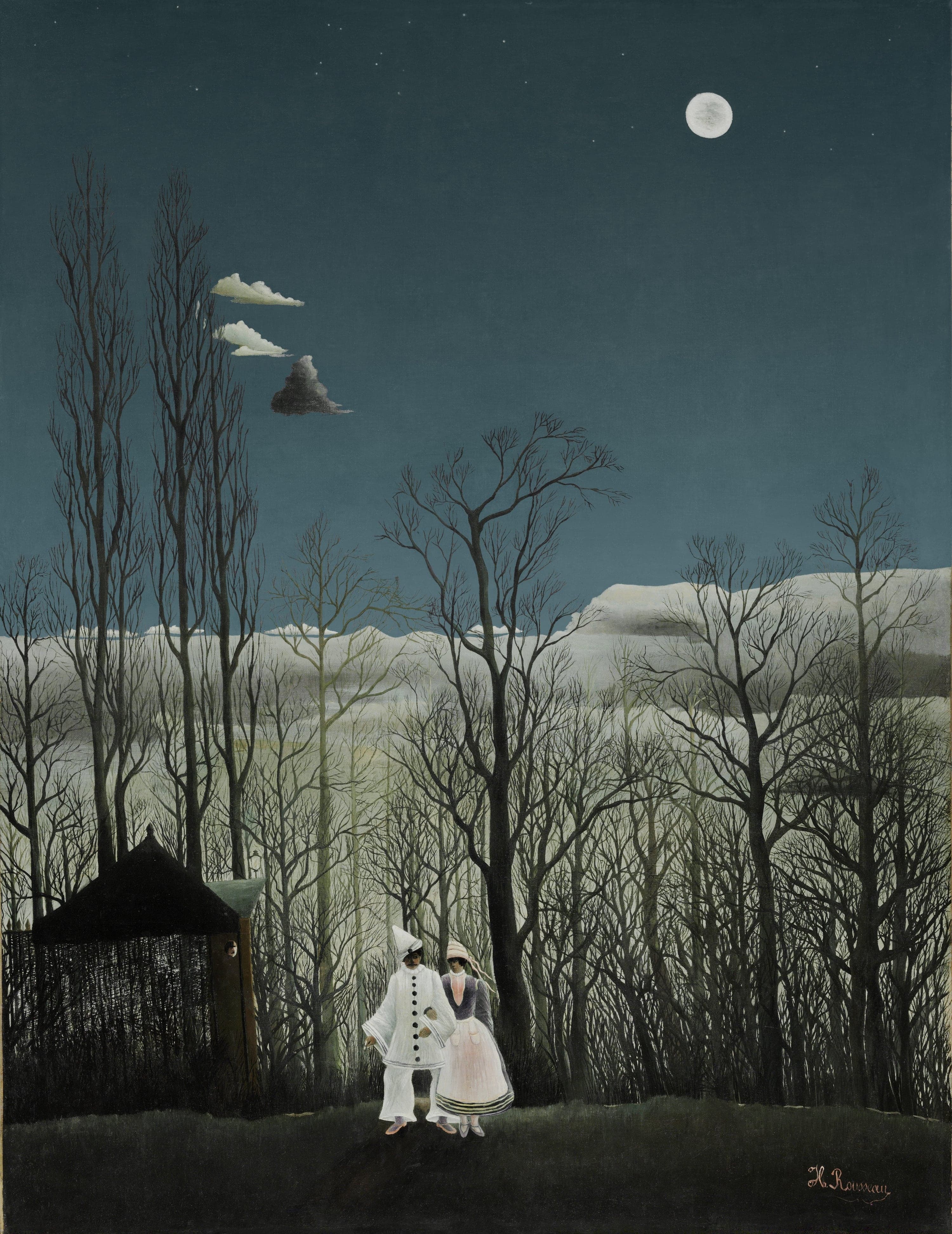 Henri Rousseau, Carnival Evening (1886): two figures in carnival costume walk at the edge of a winter wood beneath a full moon.